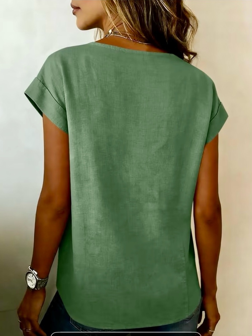 Casual Linen Green V-Neck Wrap BlouseXL - Picture 2 of 3